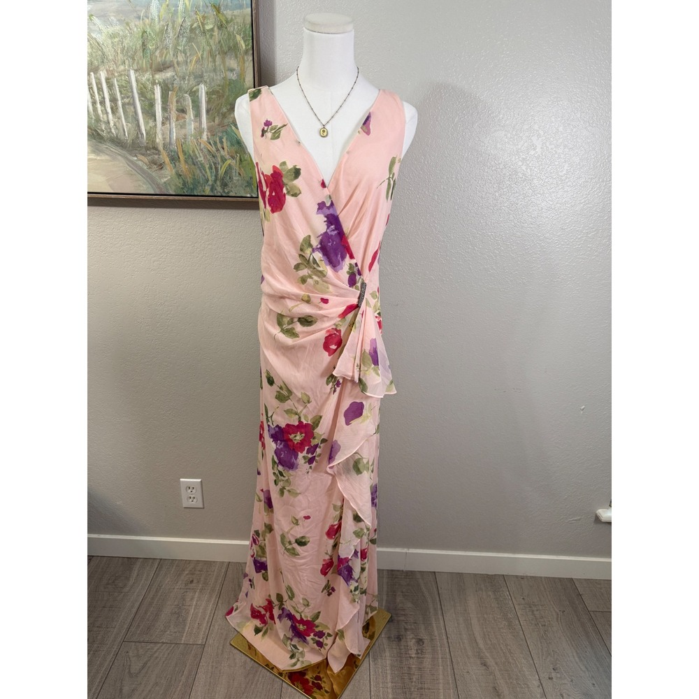 Lauren Ralph Lauren Pink Floral Maxi Dress Ruffle Brooch Romantic  Size 14 - Picture 5 of 7